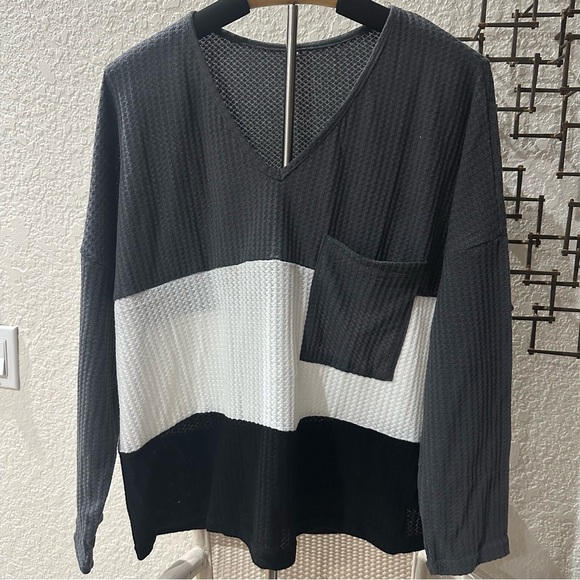 Charcoal Color Block Waffle Knit Top | Long Sleeve V-Neck | NWT - Picture 5 of 7